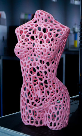 Form printed on 3D printer from plastic. Sculpture of a female torso made using 3D printing from...