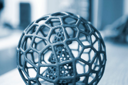 Model Christmas tree in mesh ball printed on 3D printer from polyamide powder close-up. Technology Multi Jet Fusion, MJF. Three-dimensional model created on 3D printer from powder plastic