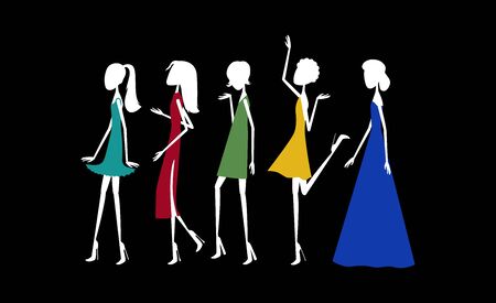 White silhouettes of models on the catwalk in dresses of different stylesのイラスト素材