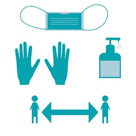 set with mask, antiseptic, gloves and social distance iconのイラスト素材