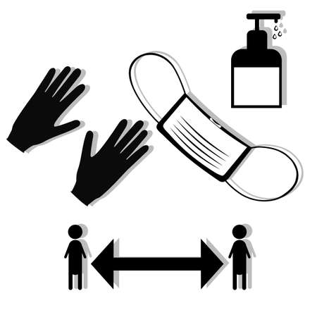 set with mask, antiseptic, gloves and social distance icon. black and whiteのイラスト素材