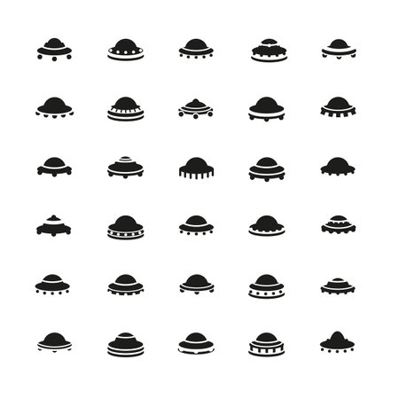 set of black icons and flying tarkle ufo. vectorのイラスト素材