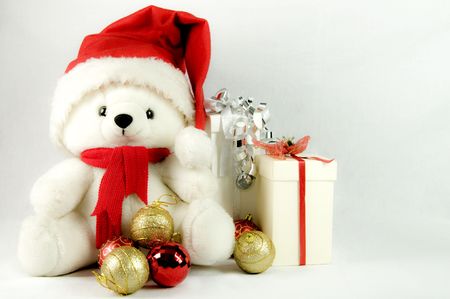 bear with red Santa Claus hat on white backgroundの写真素材