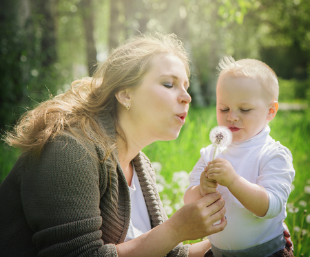 Mother and son blowing on a dandelion in a meadowの写真素材