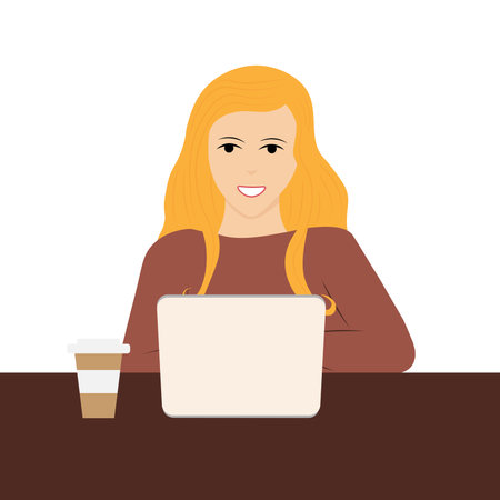 Woman sitting with a laptop at the tableのイラスト素材