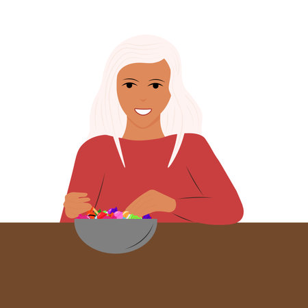 Girl eating sweets from a bowl for Halloweenのイラスト素材