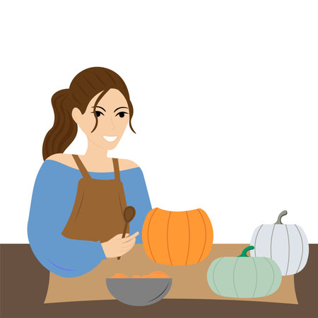 <p>A young woman removes the pulp from a pumpkin. Smiling girl in apron getting ready for Halloween celebration</p>のイラスト素材