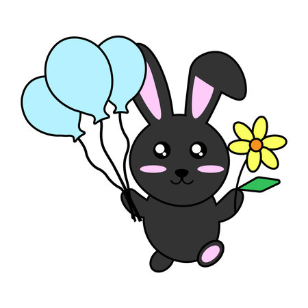 Black joyful rabbit with balls and a flowerのイラスト素材