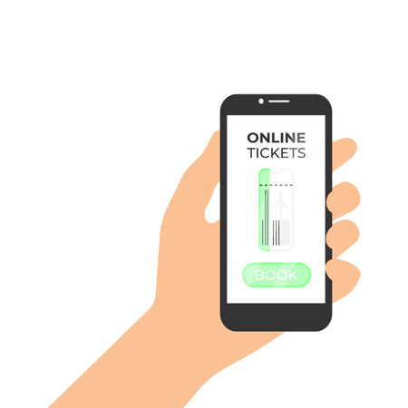 Vector illustration of a phone in hand on the screen, which contains a ticket and a ticket button. Vector flat illustration for website and banner designのイラスト素材
