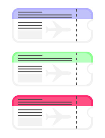 Vector illustration of air travel coupons. Set of plane tickets in different colors. Vector flat illustration for website and banner designのイラスト素材