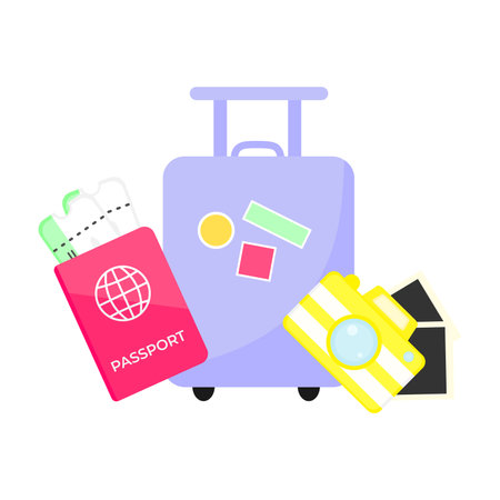Vector illustration of items for recreation - passport, plane tickets, camera. Travel accessories. Vector flat illustration for website and banner designのイラスト素材