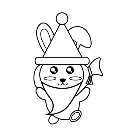 Vector coloring black and white cute rabbit in a santa hat with a bag of giftsのイラスト素材