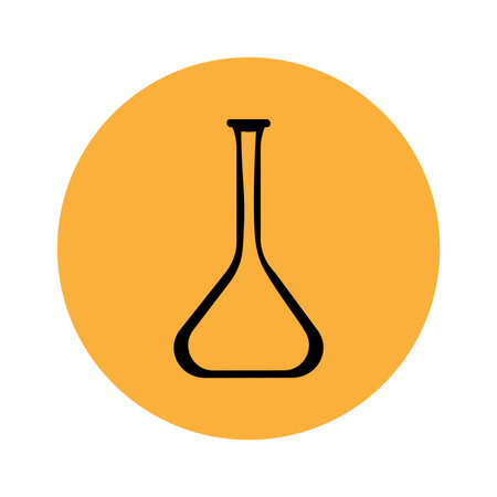 Laboratory flask icon on an orange background in the form of a circle. Empty glass flask vector...
