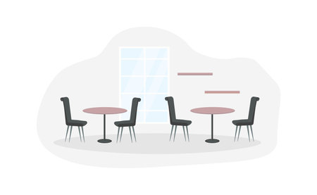 Tables and chairs on the background of the window and shelves. flat design vector illustrationのイラスト素材