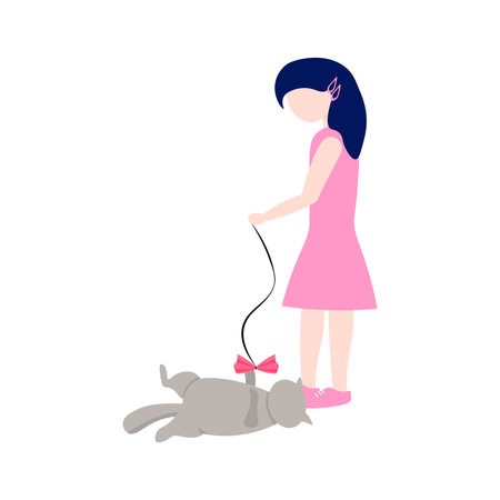 Girl playing with a cat flat vector illustration. Girl sitting on a chair and having fun with a petのイラスト素材