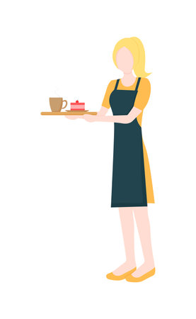 A waiter girl in an apron holds a tray with a cup of coffee and a cake in her hands. Vector illustration isolated on white backgroundのイラスト素材