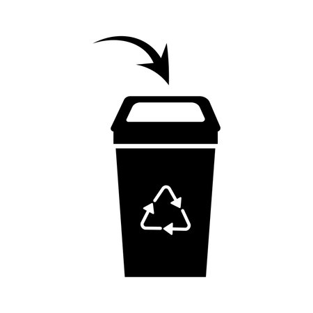 Silhouette of a trash can with an arrow. Throw trash icon. Throw to trash icon. Vector flat illustration for website and banner designのイラスト素材
