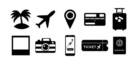 Travel items silhouette icons set. Vector icons palm, camera, suitcase, phone with airplane and travel button on screen, destination, plane, passport, credit card, ticket isolatedのイラスト素材