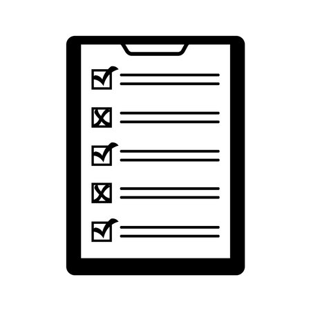 Checklist with checkmarks and crosses. Clipboard with checklist, checkmarks and crosses. Business document with check marks and crossesのイラスト素材