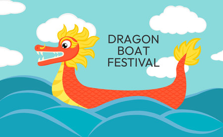 Flat style vector illustration of a dragon boat floating on the water with clouds on the backgroundのイラスト素材