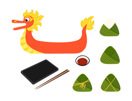 Dragon boat, zongzi dish, soy sauce, plate and chopsticks. A Chinese dish of stuffed rice wrapped in a bamboo leaf. Symbol of Chinese Traditional Boat Festival. duanwu holidayのイラスト素材