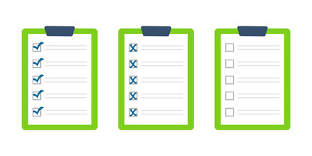 Document with checkmarks and crosses. Checklist icon set on white background. Checklist, clipboard or documentのイラスト素材