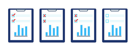 Document with red checkmarks and crosses. Checklist icon set with graph on white backgroundのイラスト素材