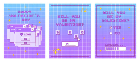 Valentine's Day poster or card in game style with retro buttons. Old computer aesthetics from 90s,...