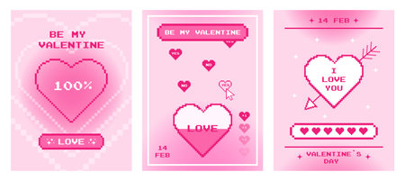 Set of pixel posters or cards for Valentine's Day. 2000s style love letter. Vector illustrationのイラスト素材