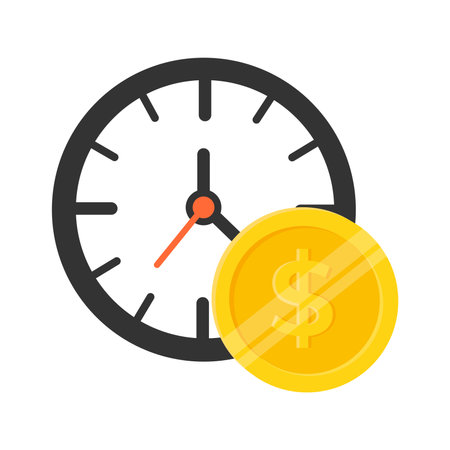 Clock and gold coin. Clock and gold dollar flat vector illustration isolated on white backgroundのイラスト素材