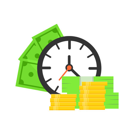 Clock with paper money and a stack of gold coins. A stack of paper money and gold coins lie next to the clock flat vector illustration isolated on a white backgroundのイラスト素材