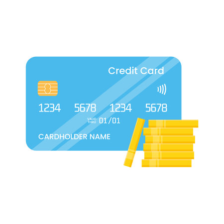 Credit card and stack of gold coins. Front view credit card and stack of golden coins flat vector illustration isolated on white backgroundのイラスト素材