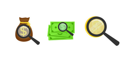 Magnifying glass set. Magnifying glass with paper money, golden coin and bag of golden dollarのイラスト素材