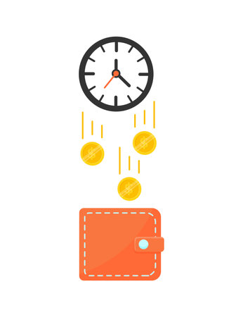 Gold coins fall from the watch into the wallet. Golden dollars that fall from a watch into a leather wallet, a vector illustration in a flat style isolated on a white backgroundのイラスト素材