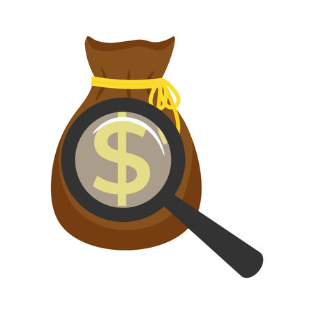 Golden dollar bag and magnifying glass. Money bag and magnifying glass vector illustration in flat style isolated on white backgroundのイラスト素材