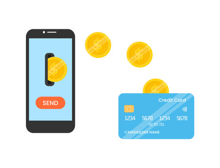Online translation concept. Phone with send button transfers gold coins to credit card flat vector illustration isolated on white backgroundのイラスト素材