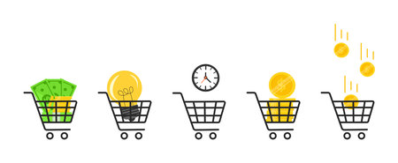 Set with shopping baskets. Shopping cart with paper money, dollars, light bulb, clock, stack of gold coins and falling coinsのイラスト素材