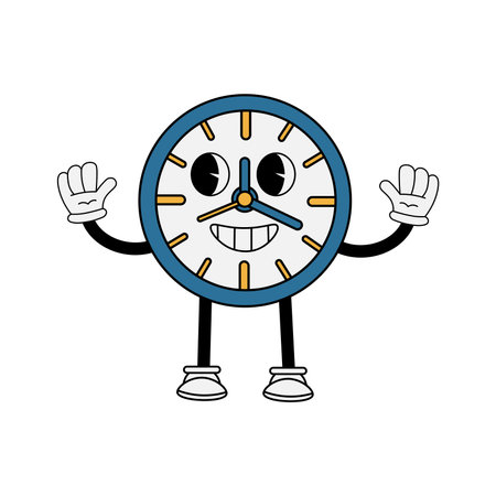 Clock character in 70s cartoon style. Funny character in retro style. Vector illustration isolated on white backgroundのイラスト素材