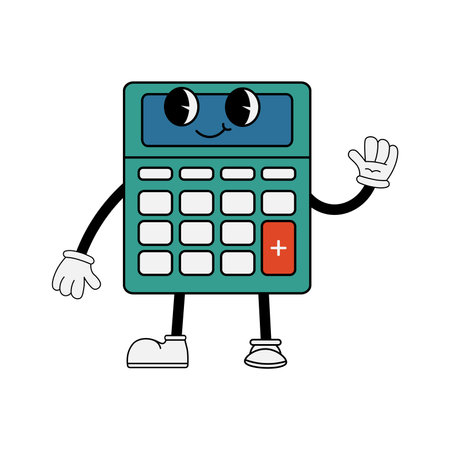 Calculator character in 70s cartoon style. Funny character in retro style. Vector illustration isolated on white backgroundのイラスト素材