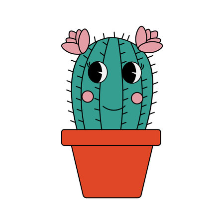 Funny groovy retro clipart cactus. Cactus character in 70s cartoon style. Vector illustration isolated on white backgroundのイラスト素材