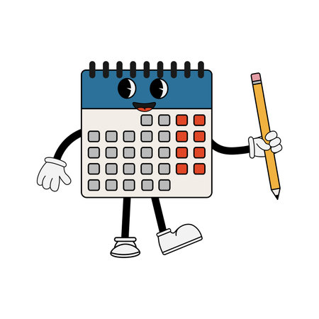 Calendar character holding a pencil, 70s cartoon style. Funny character in retro style. Vector illustration isolated on white backgroundのイラスト素材
