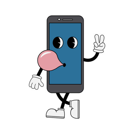 Phone character chewing gum, 70s cartoon style. Funny character in retro style. Vector illustration isolated on white backgroundのイラスト素材
