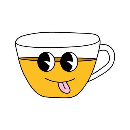 Funny groovy retro clipart cup of tea. Character cup of tea in 70s cartoon style. Vector illustration isolated on white backgroundのイラスト素材