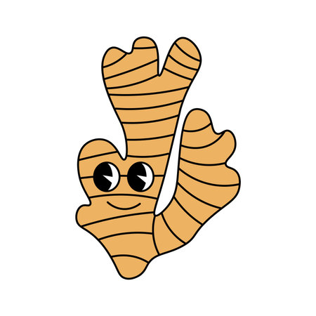 Funny groovy retro clipart ginger root. Ginger root character in 70s cartoon style. Vector illustration isolated on white backgroundのイラスト素材
