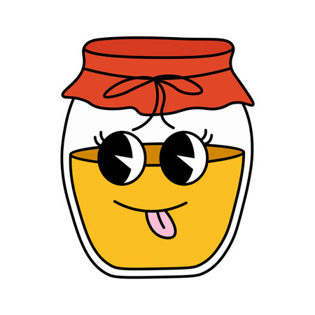 Funny groovy retro clipart glass jar with honey. Honey jar character in 70s cartoon style. Vector illustration isolated on white backgroundのイラスト素材