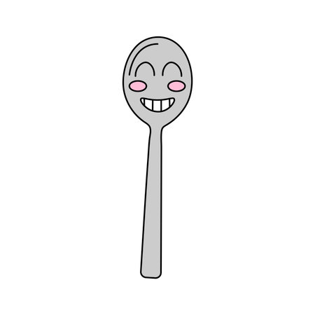 Funny groovy retro clipart teaspoon. Teaspoon character in 70s cartoon style. Vector illustration isolated on white backgroundのイラスト素材