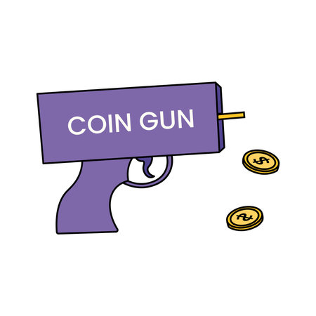 Purple toy gun shoots gold dollars. Vector illustration isolated on white backgroundのイラスト素材