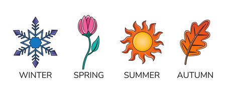 Four seasons icons set. Elements of winter, spring, summer, autumn. snowflake, flower, sun, leaf. Vector illustration isolated on white backgroundのイラスト素材