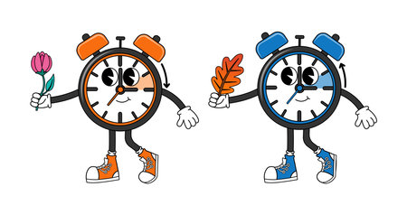 Clock characters with flower and leaf changing to winter and summer time in 70s cartoon style. Funny character in retro style. Vector illustration isolated on white backgroundのイラスト素材