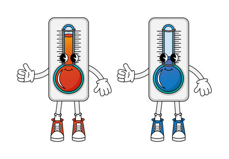 Characters meteorological thermometers in 70s cartoon style. Funny character in retro style. Vector illustration isolated on white backgroundのイラスト素材